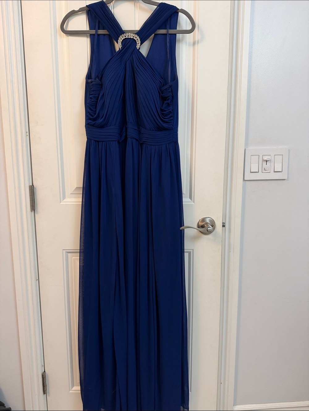 Alex Evenings Royal Blue Pleated Halter Maxi Dress with Jewel Accent size 12